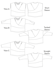 Kinetic Tee pdf sewing pattern - technical drawings Views A, B, and C