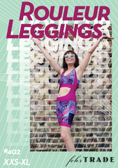 Rouleur Leggings - pattern cover featuring stylised text and image of woman in brightly coloured bib shorts and sunglasses with arms raised