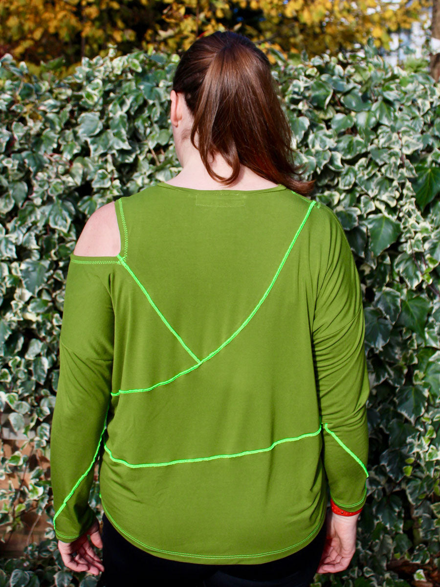 Kinetic Tee pdf sewing pattern - designer wearing View B with contrast stitching, back