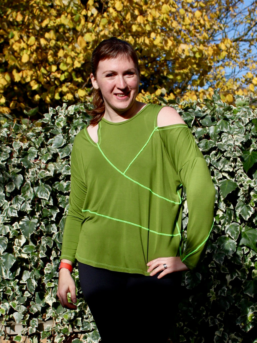 Kinetic Tee pdf sewing pattern - designer wearing View B with contrast stitching, front