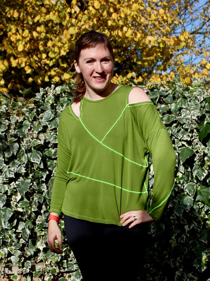 Kinetic Tee pdf sewing pattern - designer wearing View B with contrast stitching, front