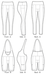 Rouleur Leggings pattern - technical drawings of Views A and B with Front, Side, and Back views